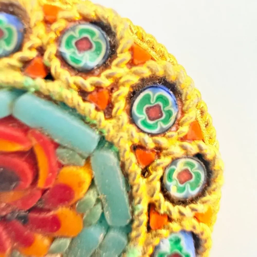 Vintage Micro Mosaic Brooch Pin Bouquet Red Yellow Roses Blue Tile Italy style